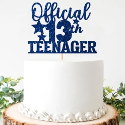 13th Birthday Official Teenager Blue Glitter Cake Topper
